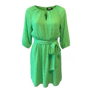 DKNY Green Metallic Check Keyhole Balloon Sleeve Belted Dress Small EUC